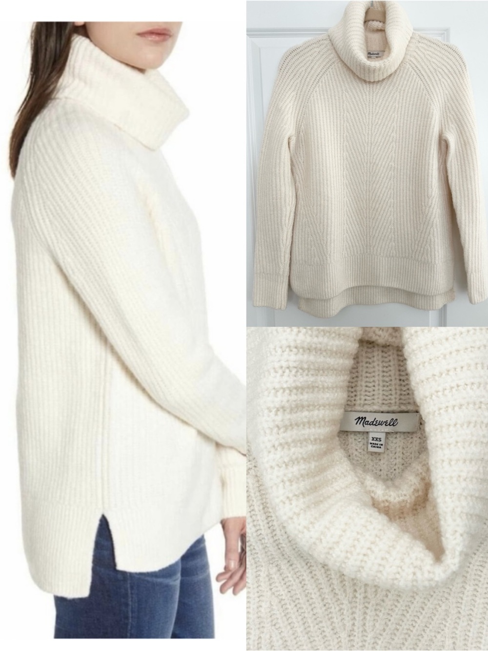 Madewell Mercer Cream Cable-Knit Wool Blend Turtleneck Sweater In Coziest Yarn